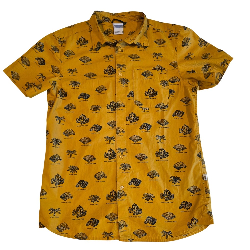 The North Face Campfire Print Button Down Shirt Mens M Yellow SS NF0A55ND